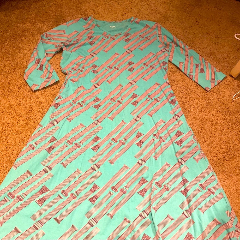 Svaha Greek column print dress 100% organic cotton XL TEAL